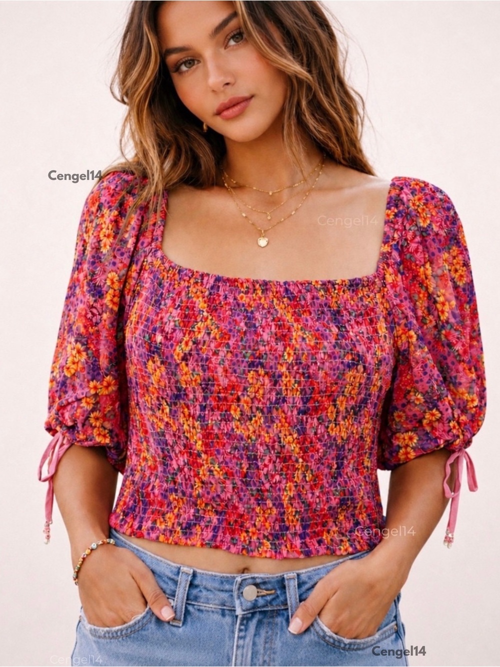 Free People Back On Top Smocked Floral Crop Top Puff Sleeve NWT L